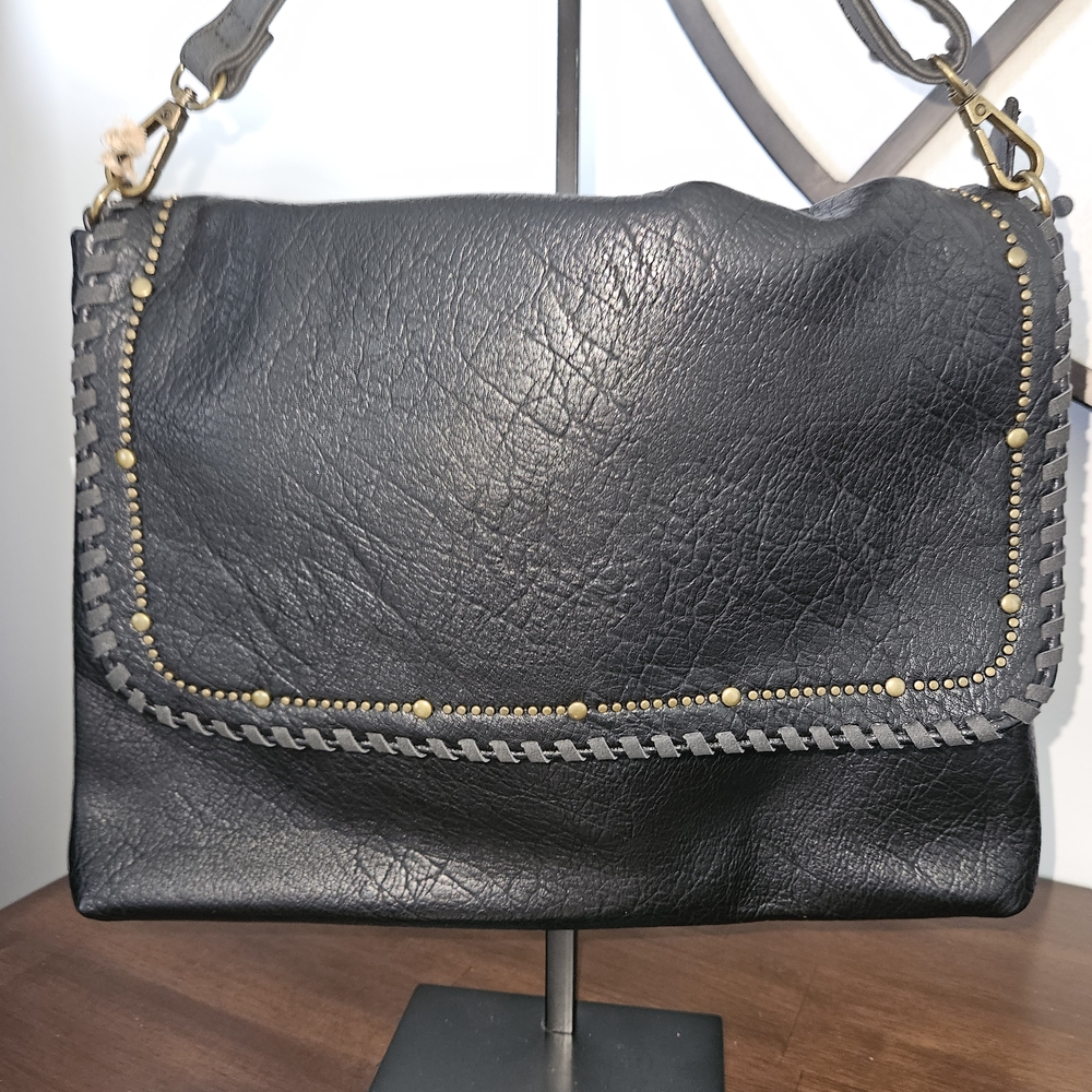 Source Unknown Black Crossbody Bag with Stud and Whipstitch Accent